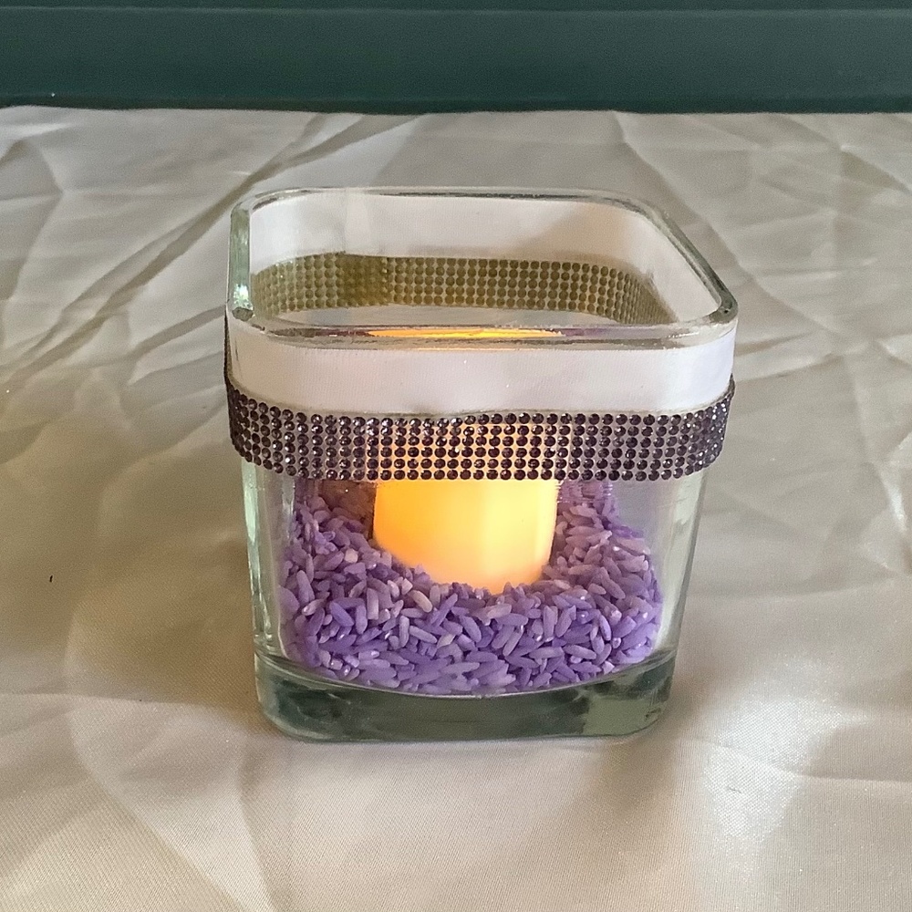Square votive candleholder/vase embellished w satin ribbon & purple rhinestones